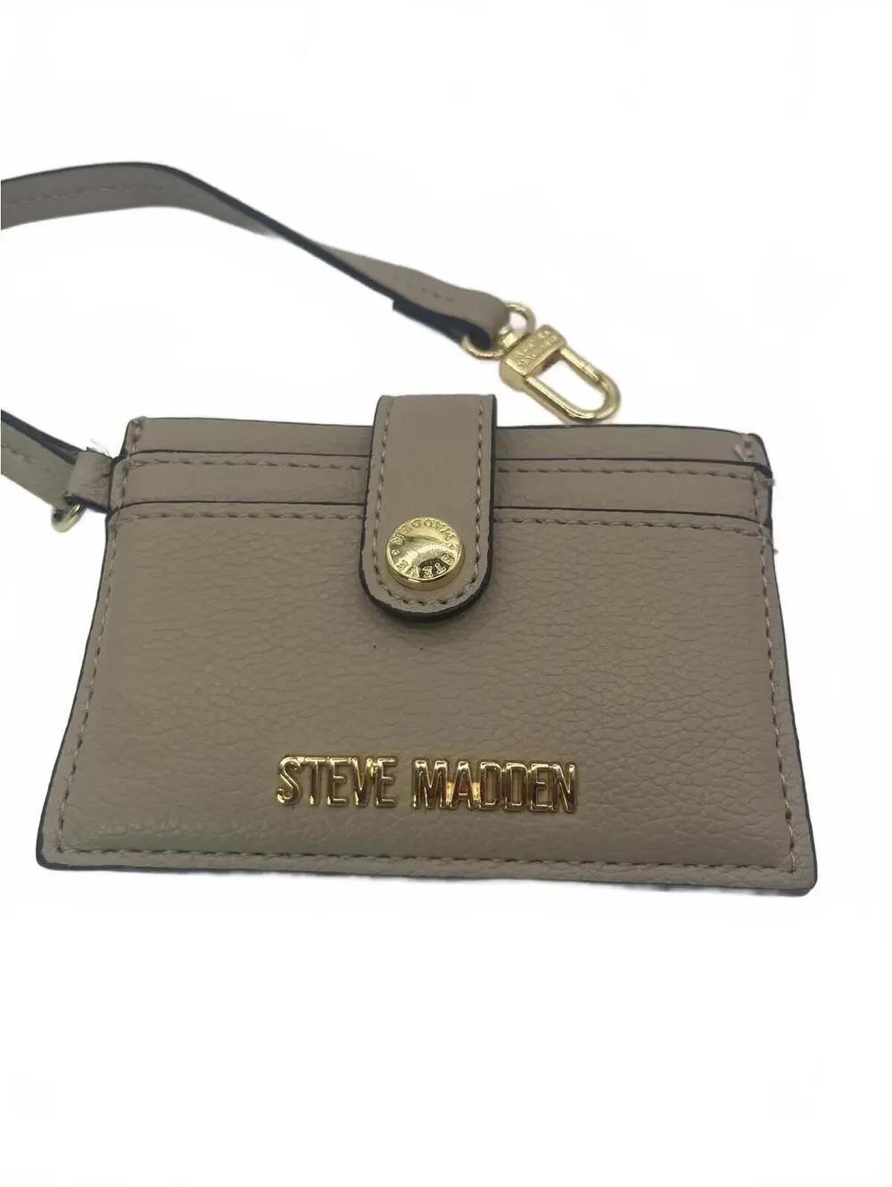 Steve Madden Card Wristlet Wallet with Clip Strap Taupe Faux Leather Mini Wallet